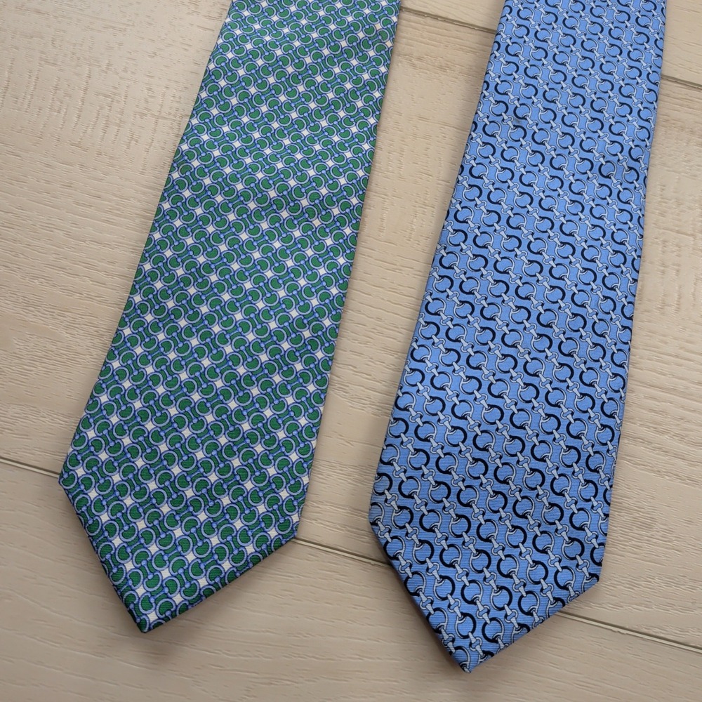 Lot of 2 Brooks Brothers 346 Silk Ties Blue Green Equestrian Bit Chain Link Mens